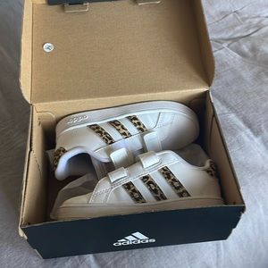 Toddler size 9 Adidas leopard strip sneakers